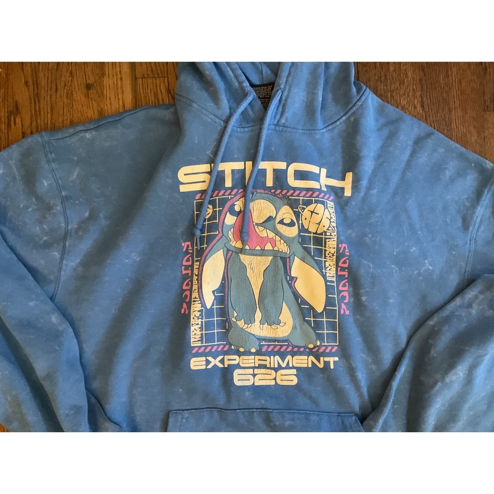 Disney Stitch Experiment 626 Blue Mineral Wash Graphic Hoodie Sweatshirt Medium